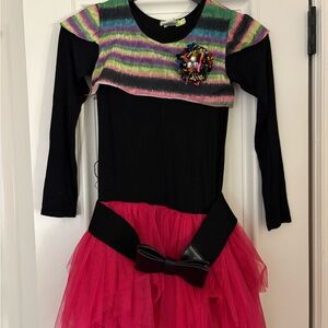 Little Mass Black Dress with Hot Pink Tulle Skirt and Rainbow Bodice